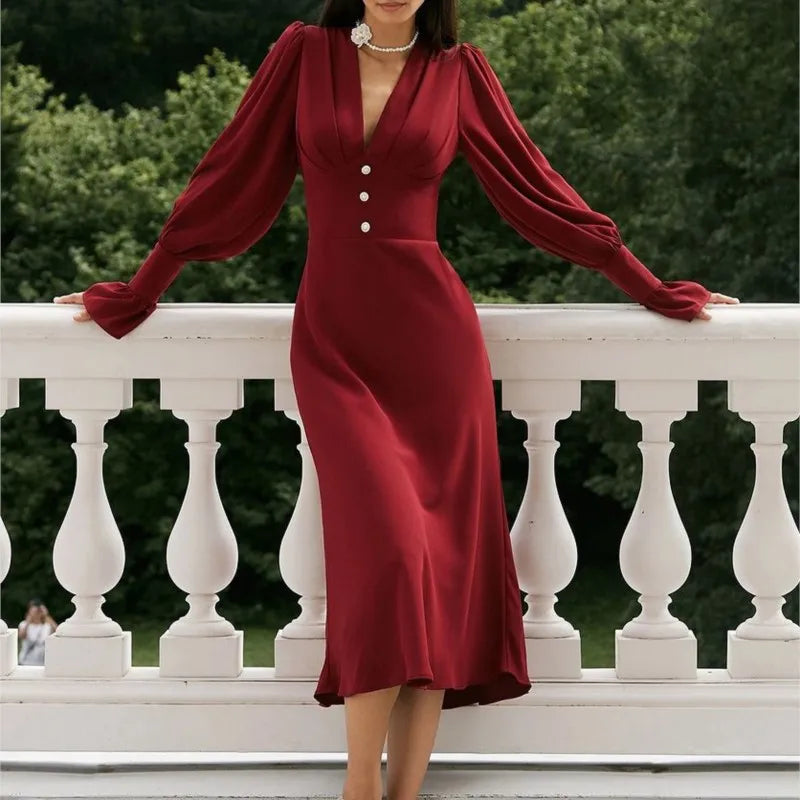 Sophisticated Slim V Neck Chiffon Dress