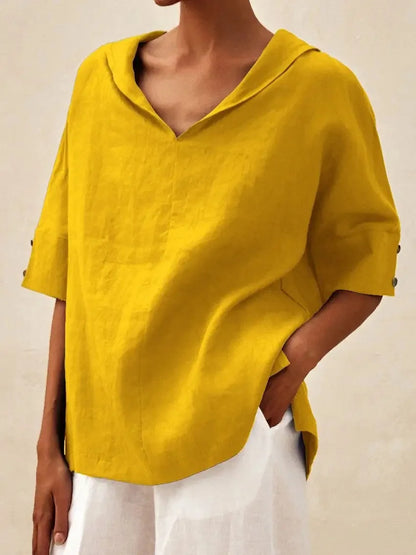 Solid Cotton Linen Hooded Blouse