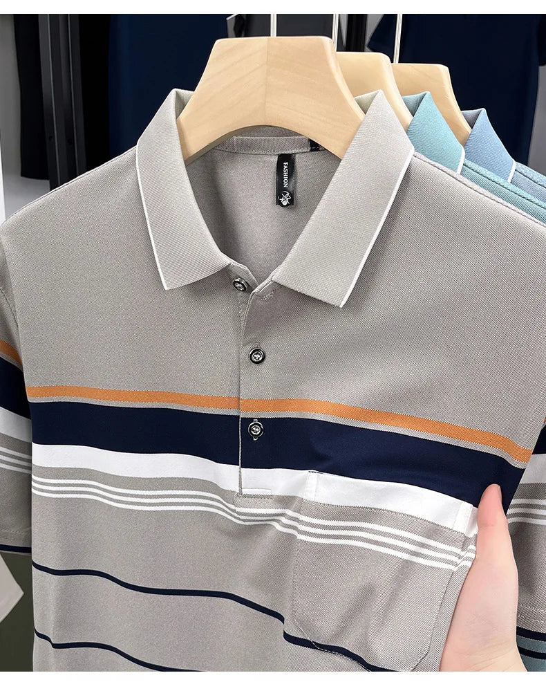 Luxury Color-Block Striped Polo Shirt
