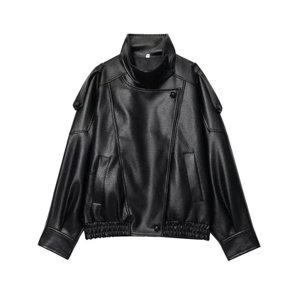 Women's Faux Leather Jacket – Loose Fit Stand Collar Winter Coat