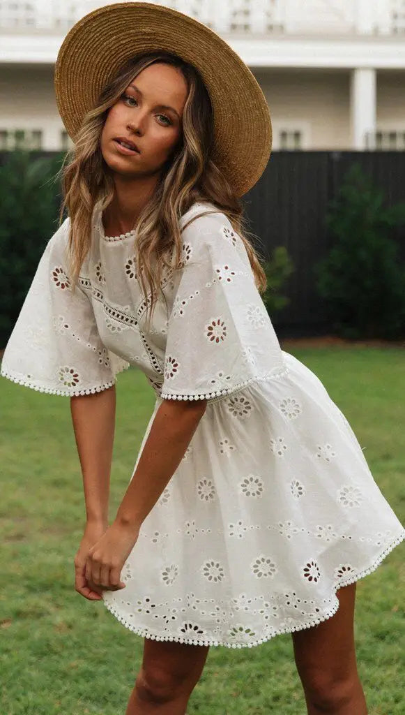 Embroidered Bloom Backless Cotton Dress