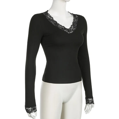 Lace Edge Slim V-Neck Long Sleeve Tee