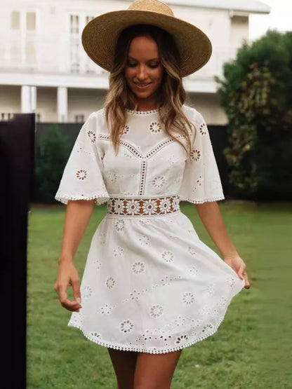 Embroidered Bloom Backless Cotton Dress