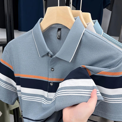 Luxury Color-Block Striped Polo Shirt
