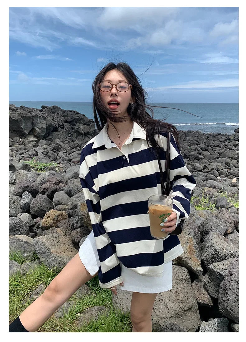 Loose Fit Striped Polo Sweatshirt