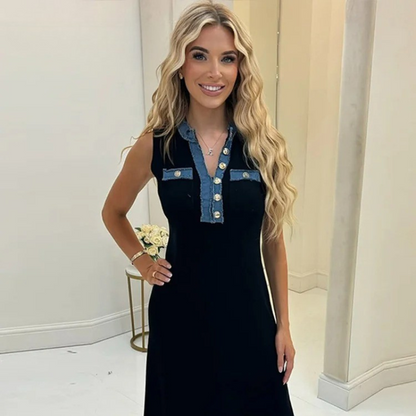 Elegant Knit Denim Splice Midi Dress