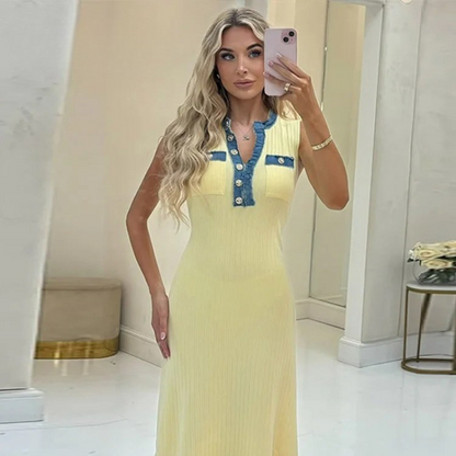 Elegant Knit Denim Splice Midi Dress
