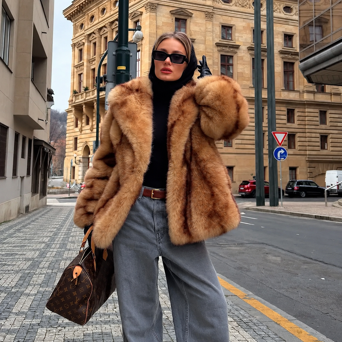 Women’s Luxury Yellow Striped Faux Fur Coat