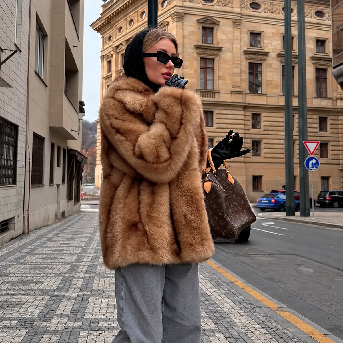 Women’s Luxury Yellow Striped Faux Fur Coat