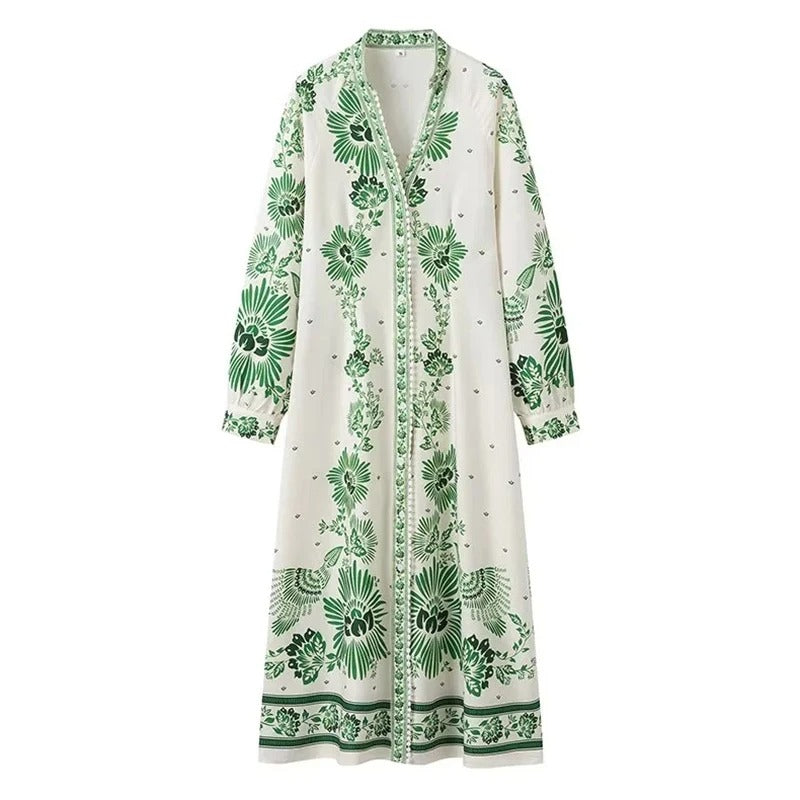 Emerald Glow Women's V-Neck Boho Maxi Dress