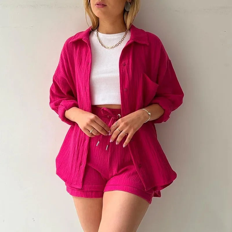 Two-Piece Button Up - Shorts & Vest Blouse