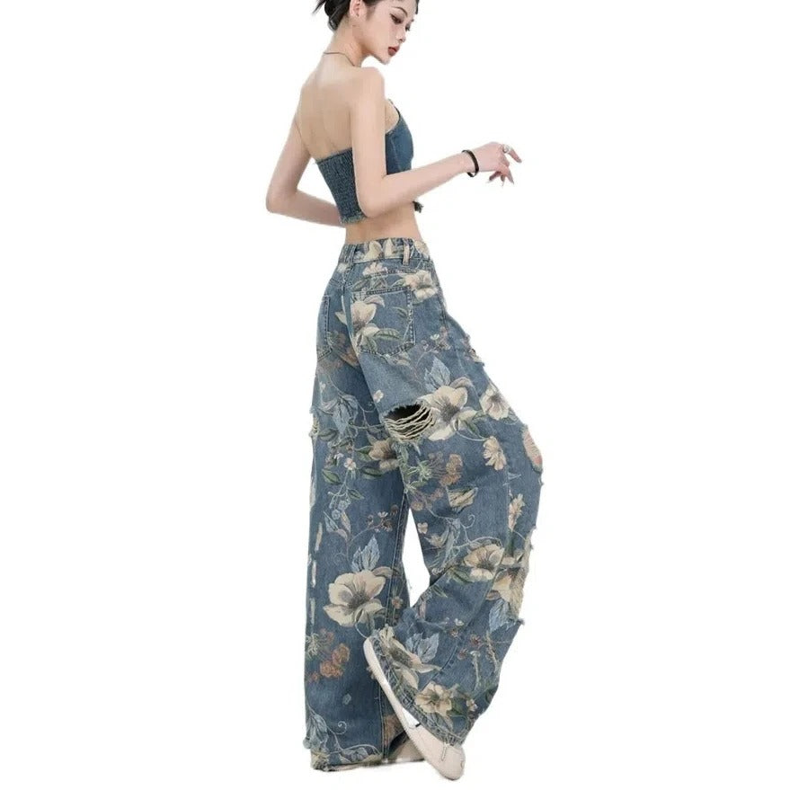 Vintage Floral Ripped Wide Leg Jeans
