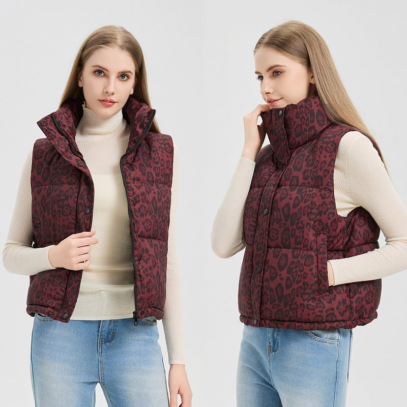 Leopard Print Stand Collar Cotton Vest