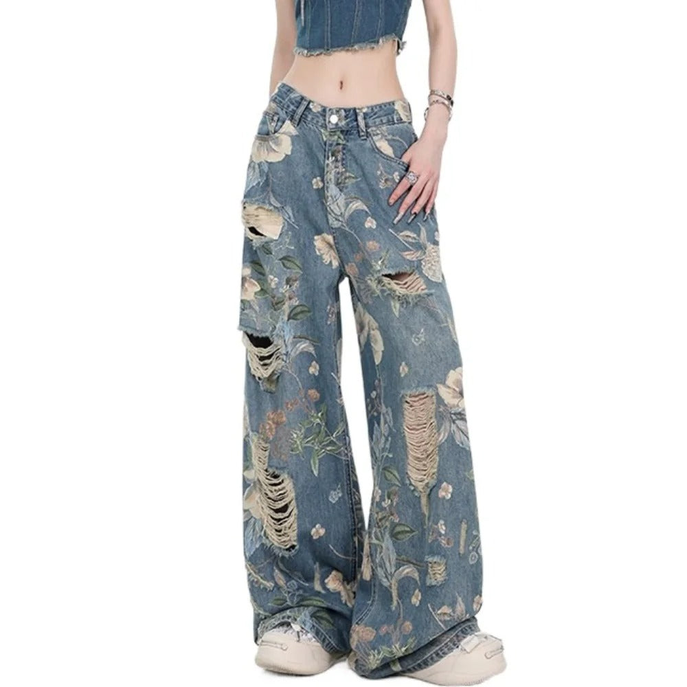Vintage Floral Ripped Wide Leg Jeans