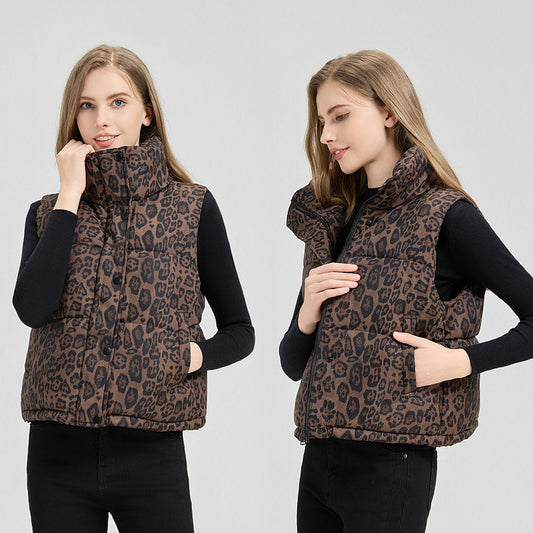 Leopard Print Stand Collar Cotton Vest