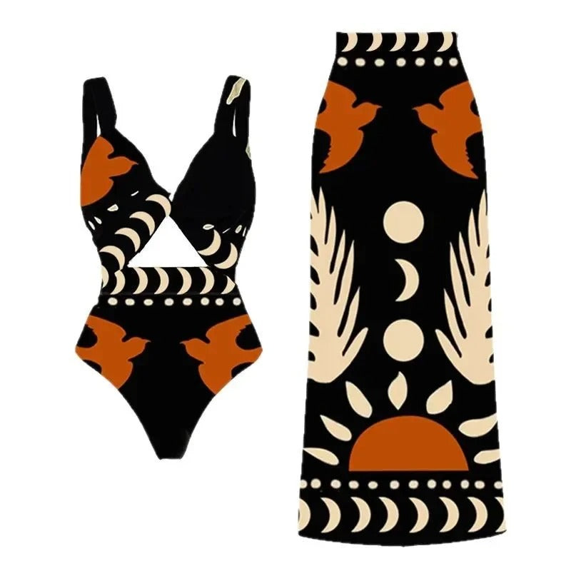 One Piece Bikini with Net Skirt Set