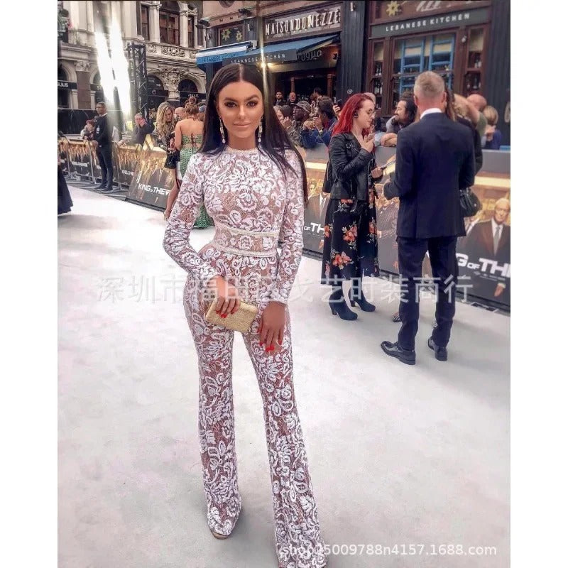 Elegant Lace Corset Jumpsuit with Flare Pants
