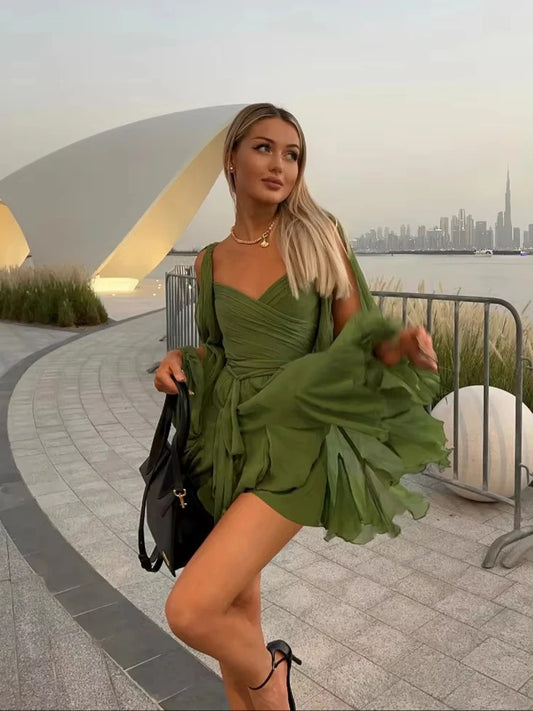Chic Backless Pleated Tie Mini Dress
