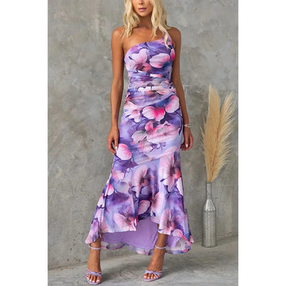 One-Shoulder Floral Ruffle Maxi Dress