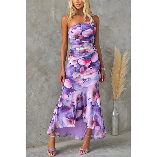 One-Shoulder Floral Ruffle Maxi Dress