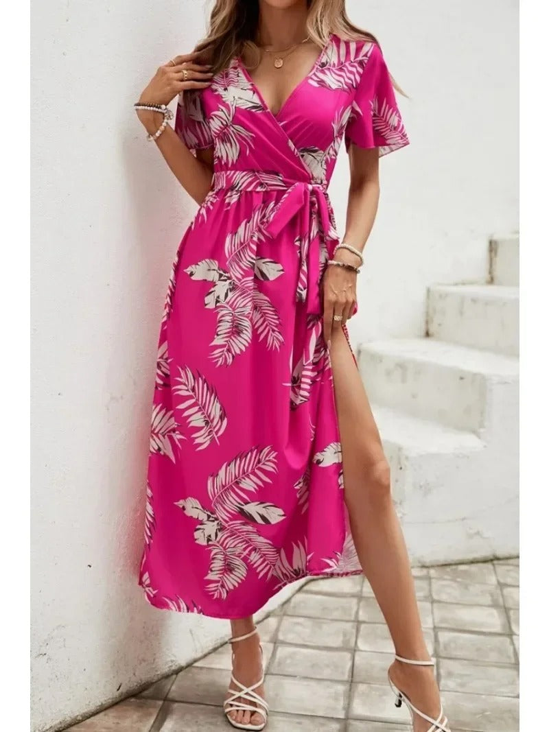 Elegant Curve V-Neck Belted Dress