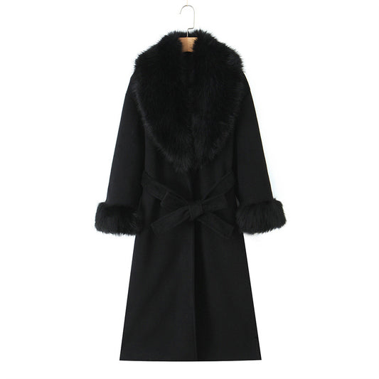 Women Long Jacket Big Fur Collar Belt Wool Coat