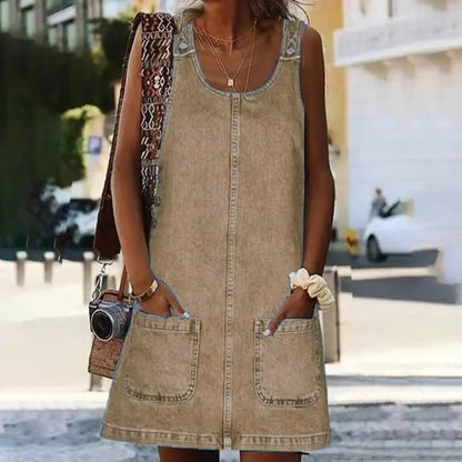 Solid Color Faux Denim Mini Dress