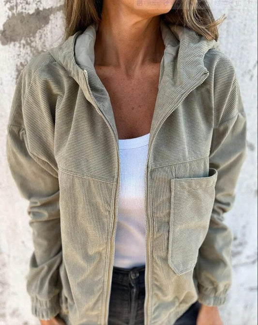 Cozy Cord Hooded Zip-Up Corduroy Jacket