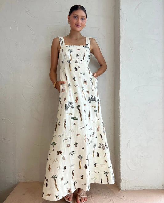 Graffiti Glam Backless Lace-Up Maxi Dress