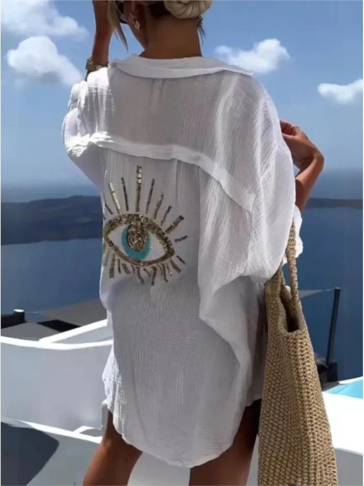 Sequin Eye Lapel Beach Shirt