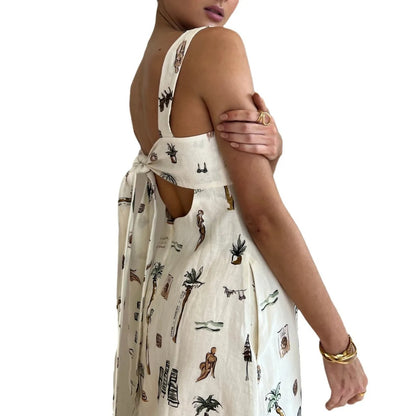 Graffiti Glam Backless Lace-Up Maxi Dress