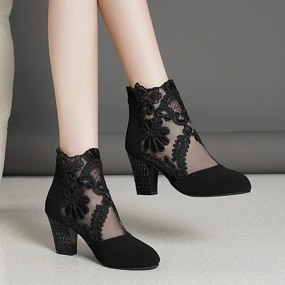 Lace Bloom Hollow Ankle Heels