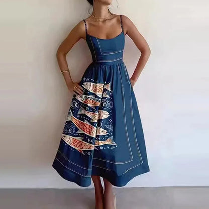 Fish & Shrimp Print Maxi Dress