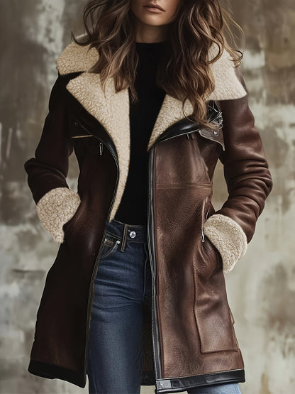 Zipper Composite Fur Turn-Down Collar Coat