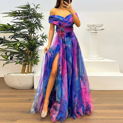 Vintage One-Shoulder Pleated Mesh Dress