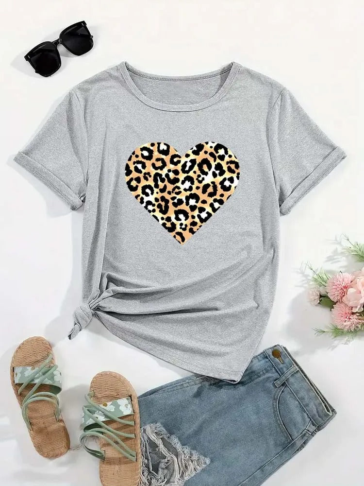 Funny Leopard Heart Print T-Shirt