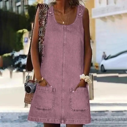 Solid Color Faux Denim Mini Dress