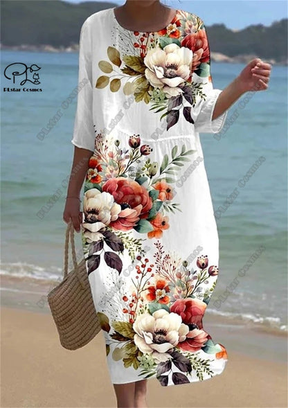 Vintage Floral 3D Printed Midi Dress