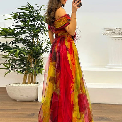 Vintage One-Shoulder Pleated Mesh Dress