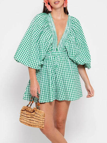 Plaid Charm V-Neck Summer Romper