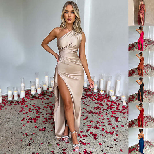 Elegant One-Shoulder Satin Slit Dress Rich Allure