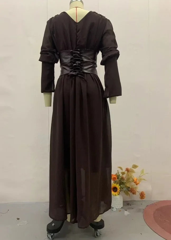 Elegant Waist-Cinch V-Neck Maxi Dress
