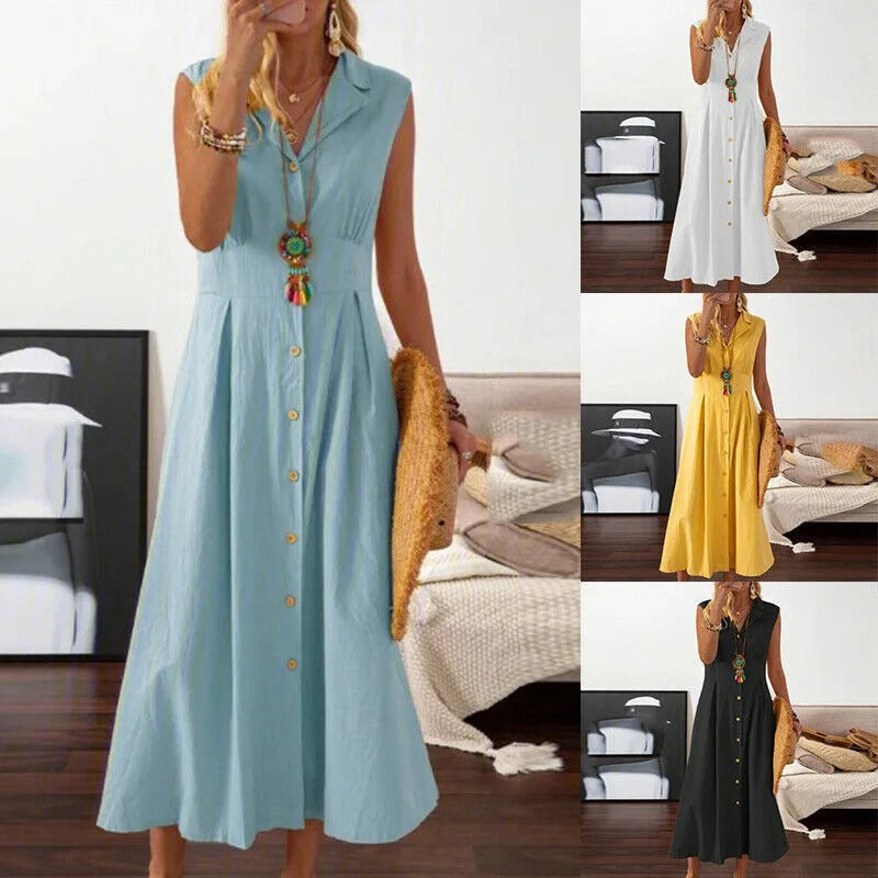 Suit Collar Cotton Linen Dress