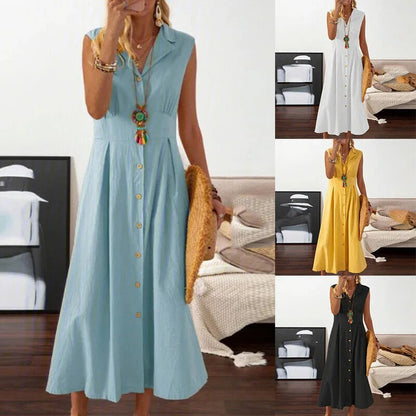 Suit Collar Cotton Linen Dress