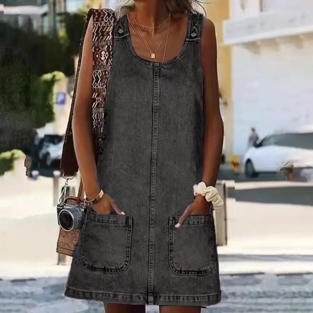 Solid Color Faux Denim Mini Dress
