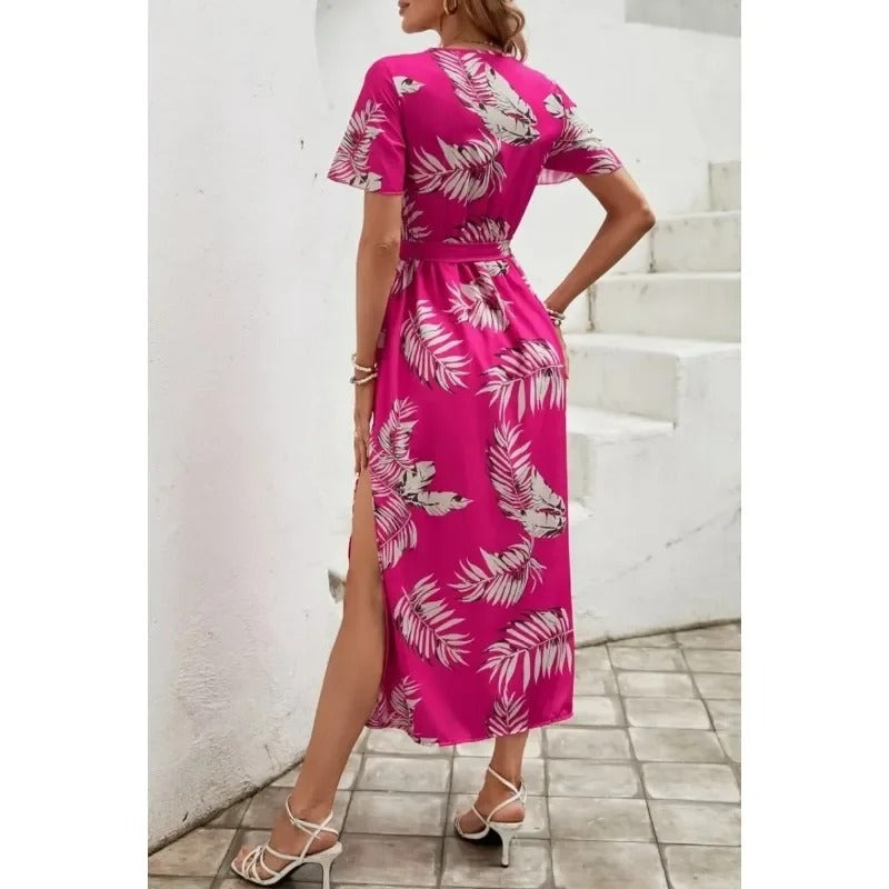 Elegant Curve V-Neck Belted Dress