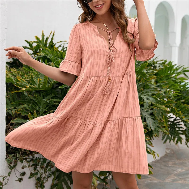 Solid V-Neck Beach Dress