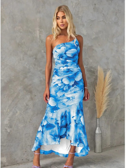 One-Shoulder Floral Ruffle Maxi Dress