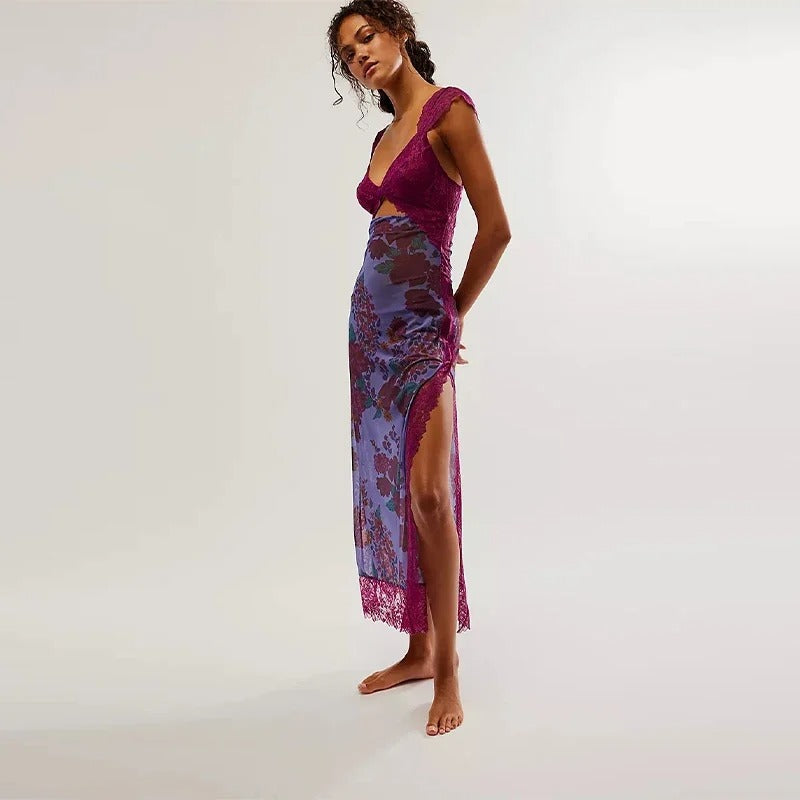 Rose Whisper Lace Floral Slit Dress