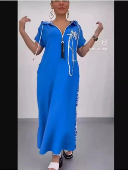 Hooded Maxi Dress with Spliced Print